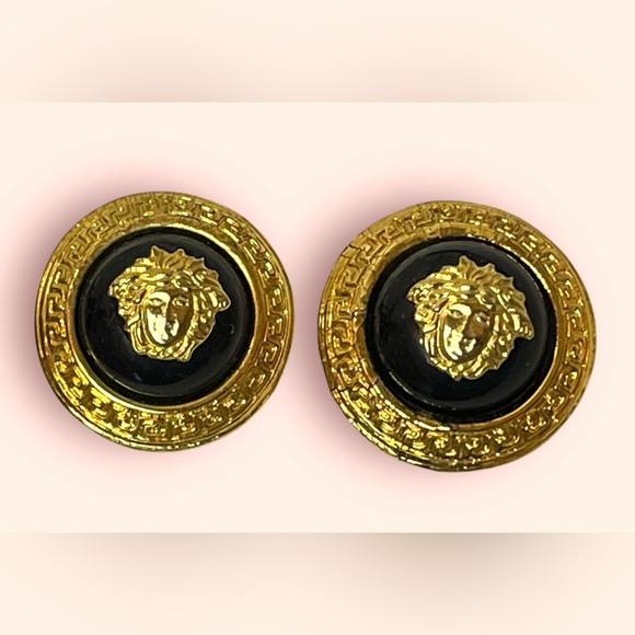 Gianni Versace Medusa Logo Vintage Clip On Earrings Black & Gold Tone - Picture 3 of 7